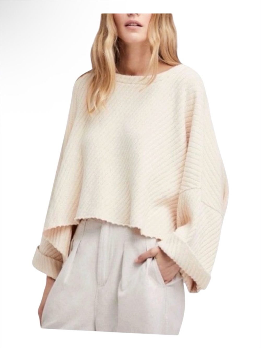 Free People "I Can't Wait" Cropped Ribbed Pullover Cream Sweater size M